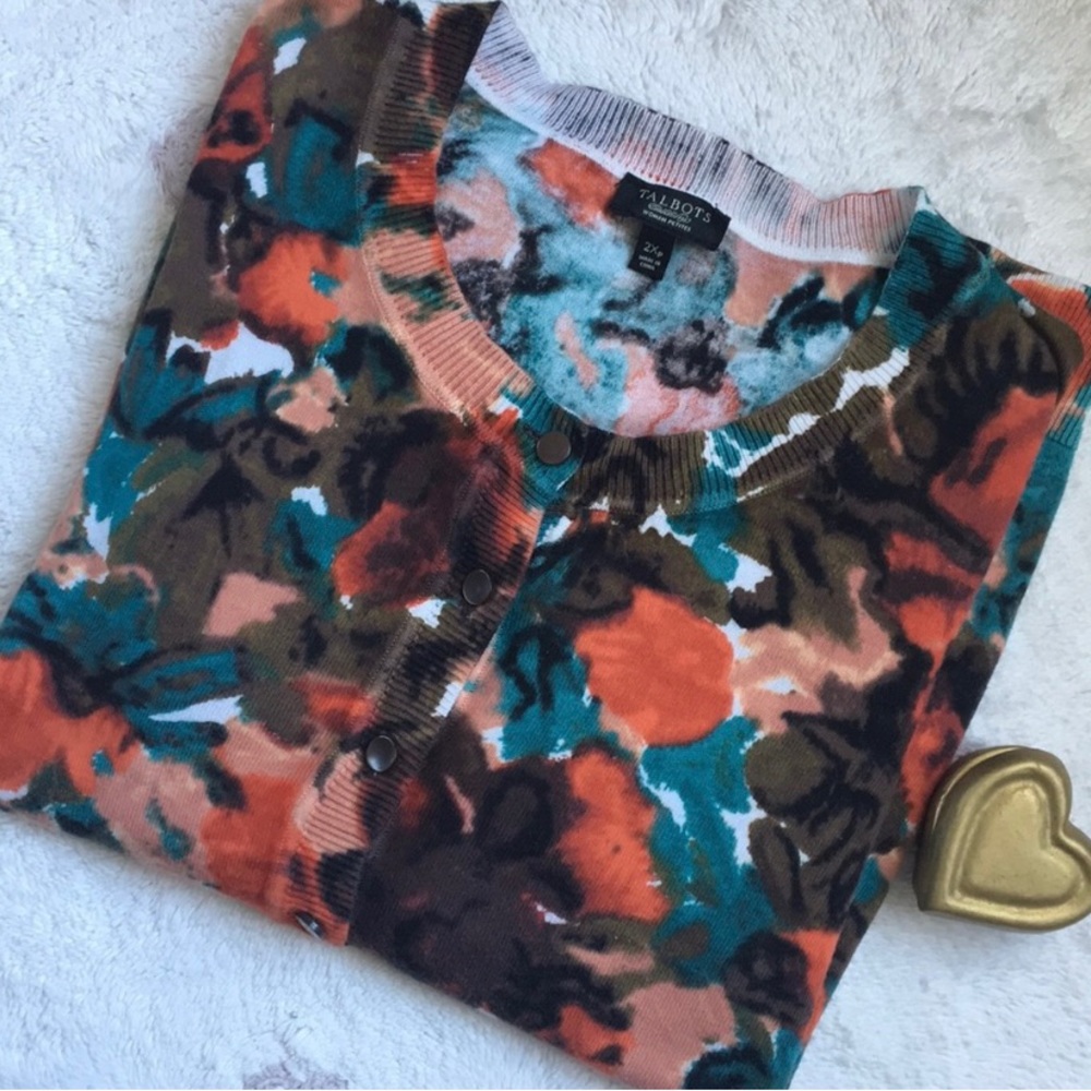Talbots Floral Watercolor Cardigan EUC 2X Petite bold palette